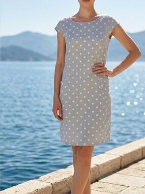 Baci Gray Polka Dot 100% Linen Knee Length Dress Sz L